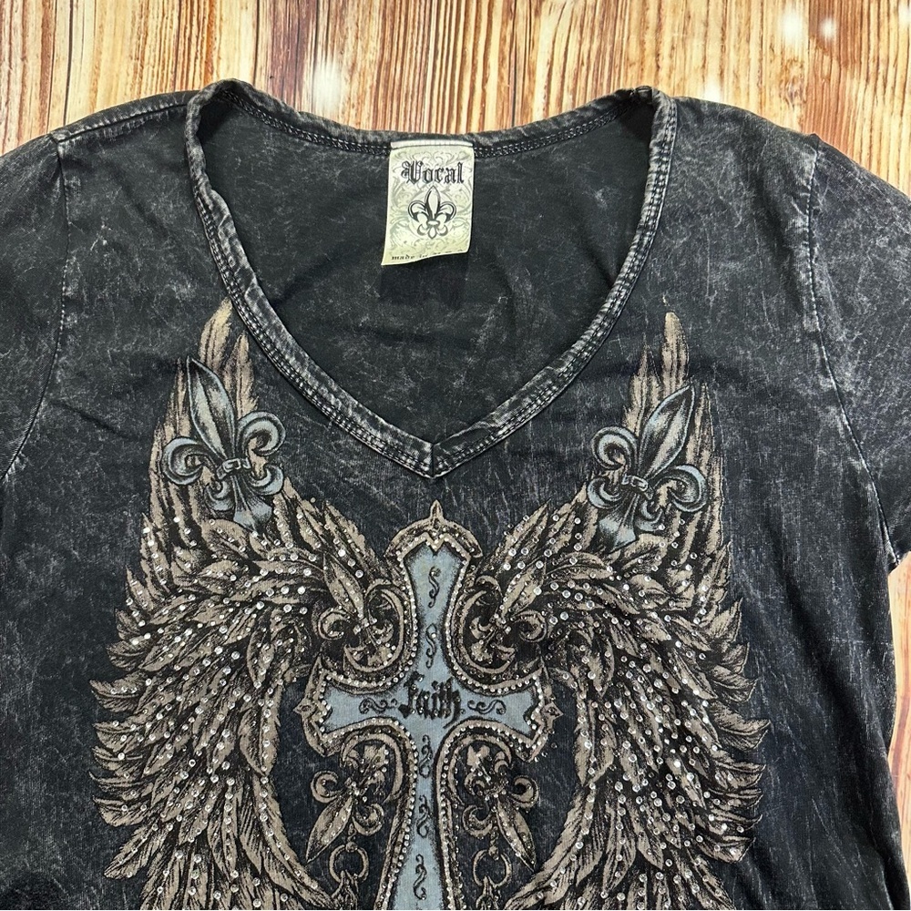Y2K Grunge Rhinestone Cross Wings Tunic Top Acid Wash Short Sleeve Size Medium - Picture 6 of 15